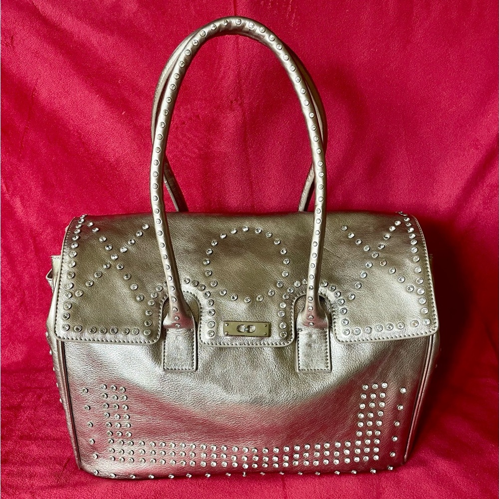 CHARM & LUCK🍀 Leather Rhinestone Embellished Satchel in Metallic-Pewter/Gold 💛